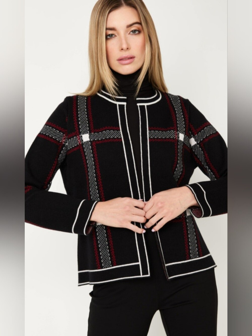 Alison Sheri Black Red Plaid Knit Cardigan